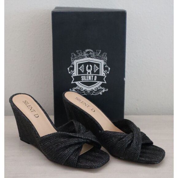Silent D Women's Sz 39 US 8-8.5 Black Synthetic Raffia Katia Wedge Sandals - Picture 2 of 10